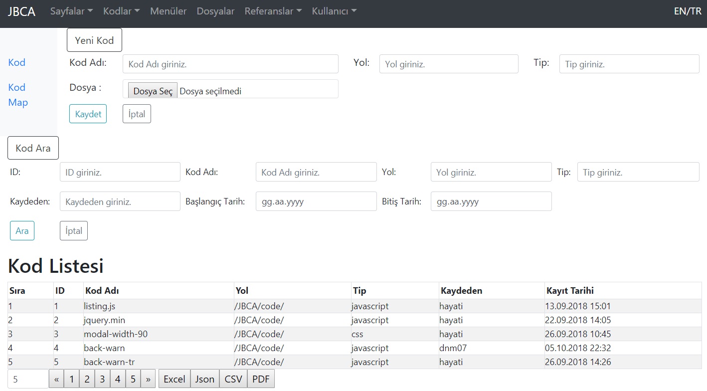 Code management screen